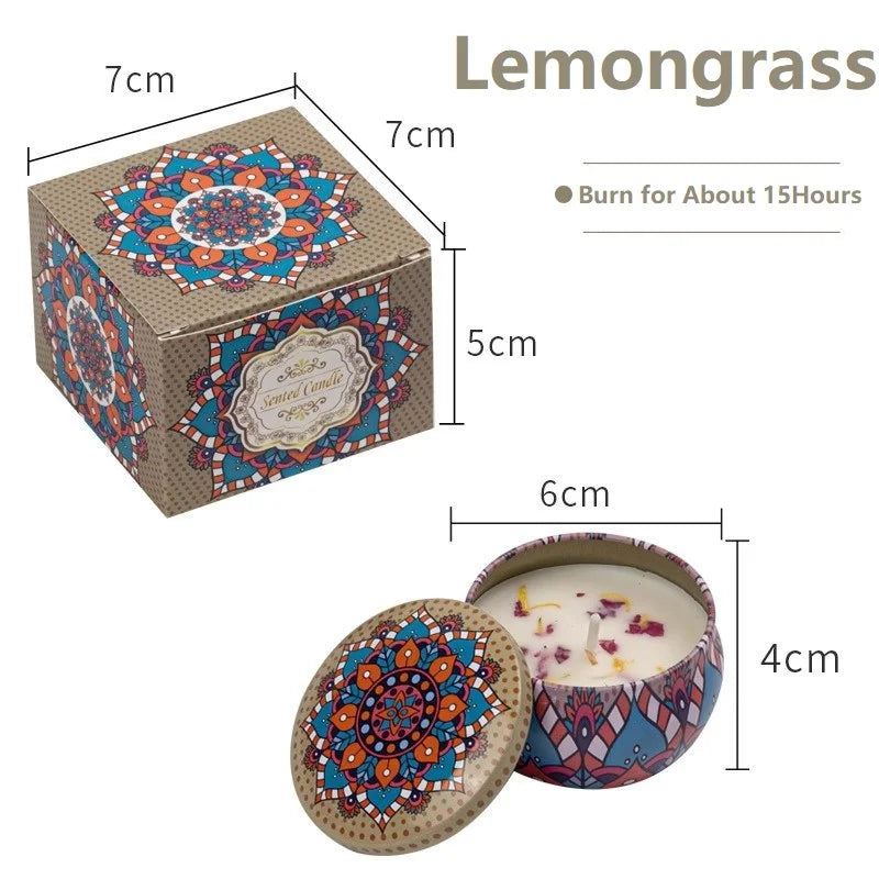 Lemongrass scented candle in decorative mandala patterned gift box and tin, with 15-hour burn time.