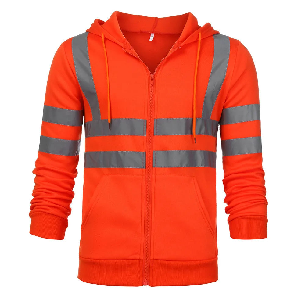 Bright orange high-visibility thermal hoodie with reflective silver stripes, a front zip, and a drawstring hood.