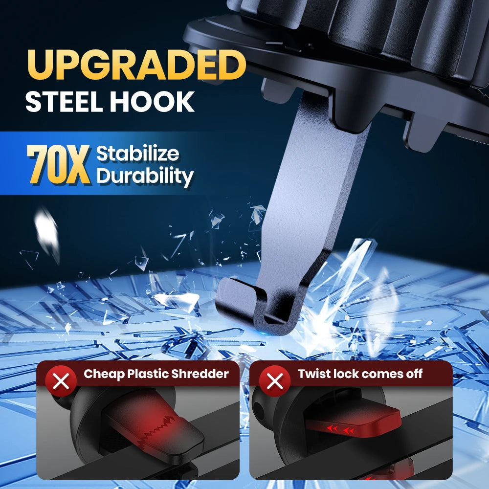 Durable black steel hook for car air vent mounts, shown alongside comparative images of inferior plastic alternatives.