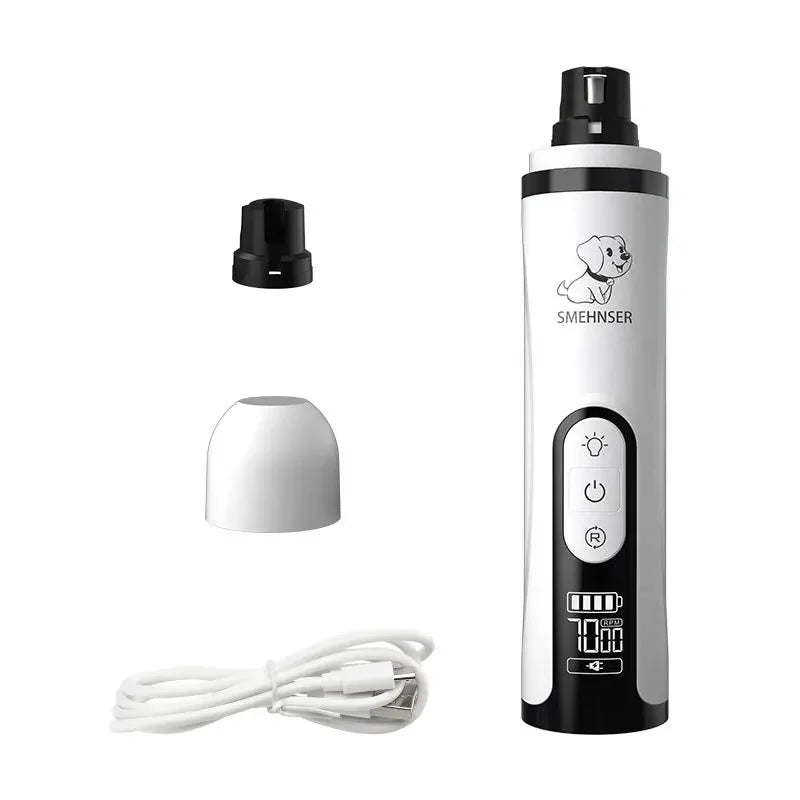 White and black electric pet nail grinder with LED light, digital display, two grinding heads and USB charging cable.