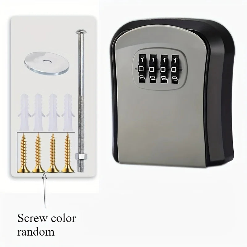 Grey and black metal wall-mounted key lock box with four-digit combination dial and included mounting hardware.