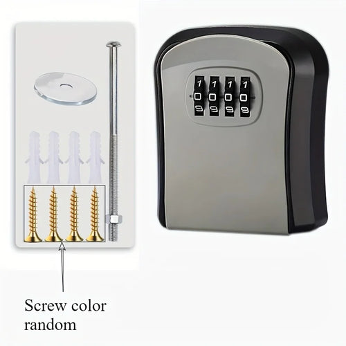 Grey and black metal wall-mounted key lock box with four-digit combination dial and included mounting hardware.