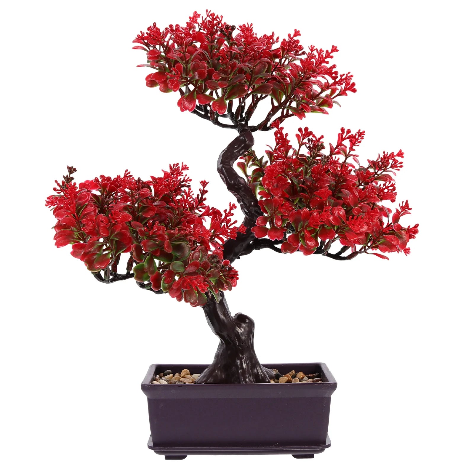 Artificial bonsai tree with vibrant red leaves and a dark twisted trunk in a rectangular dark pot with pebble soil.