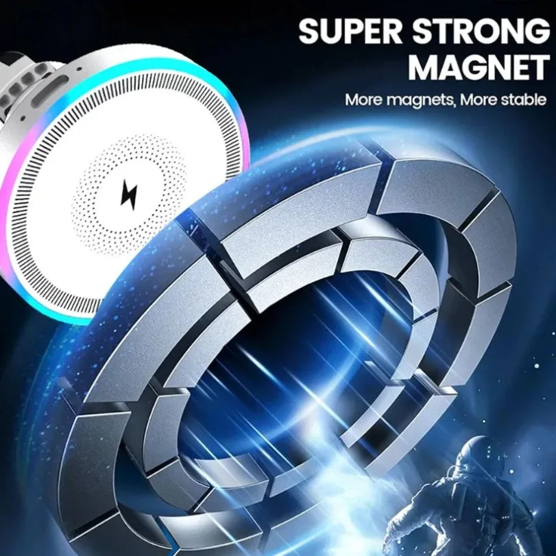 Circular white wireless magnetic charger with glowing blue LED ring, metallic magnetic ring overlay, and space theme.