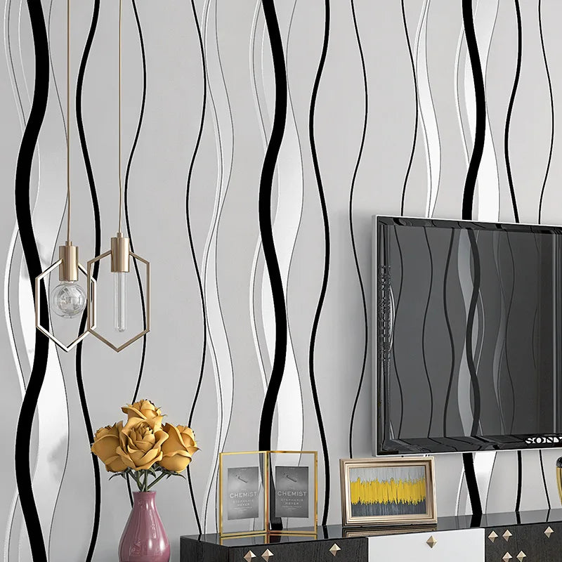 Modern wallpaper featuring a monochrome geometric pattern of flowing vertical black and grey wavy lines.