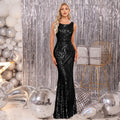 Black sequin maxi mermaid evening dress with a scoop neckline and fitted silhouette.