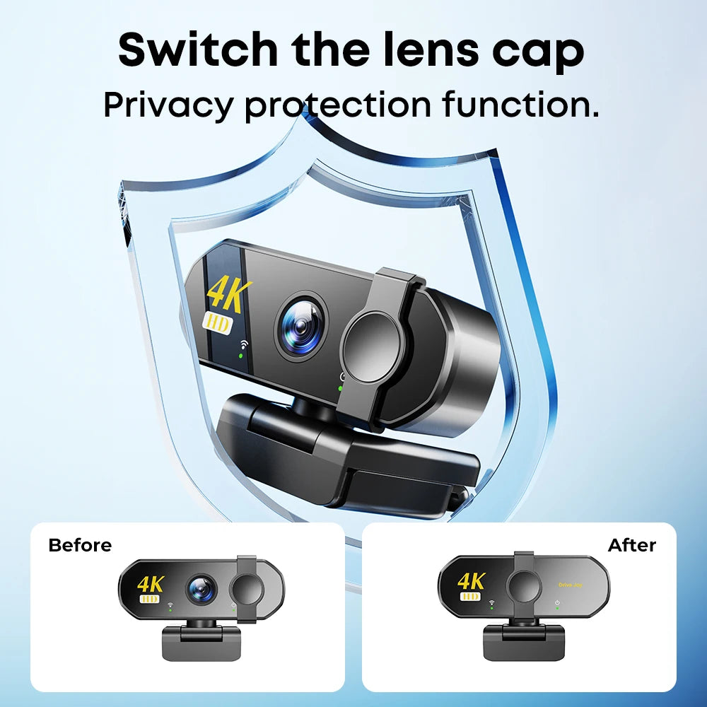 Black USB webcam with a sliding privacy lens cover shown before and after closure.