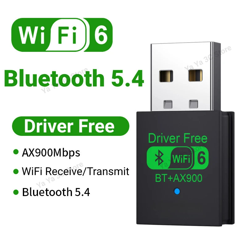 Compact black USB adapter with WiFi 6 and Bluetooth 5.4 support, featuring "Driver Free" and AX900 speed branding.