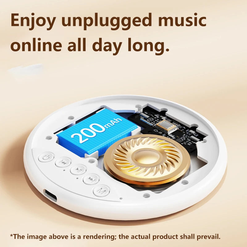 Internal view of a round white wireless pillow speaker showing the gold speaker driver, battery, and control buttons.