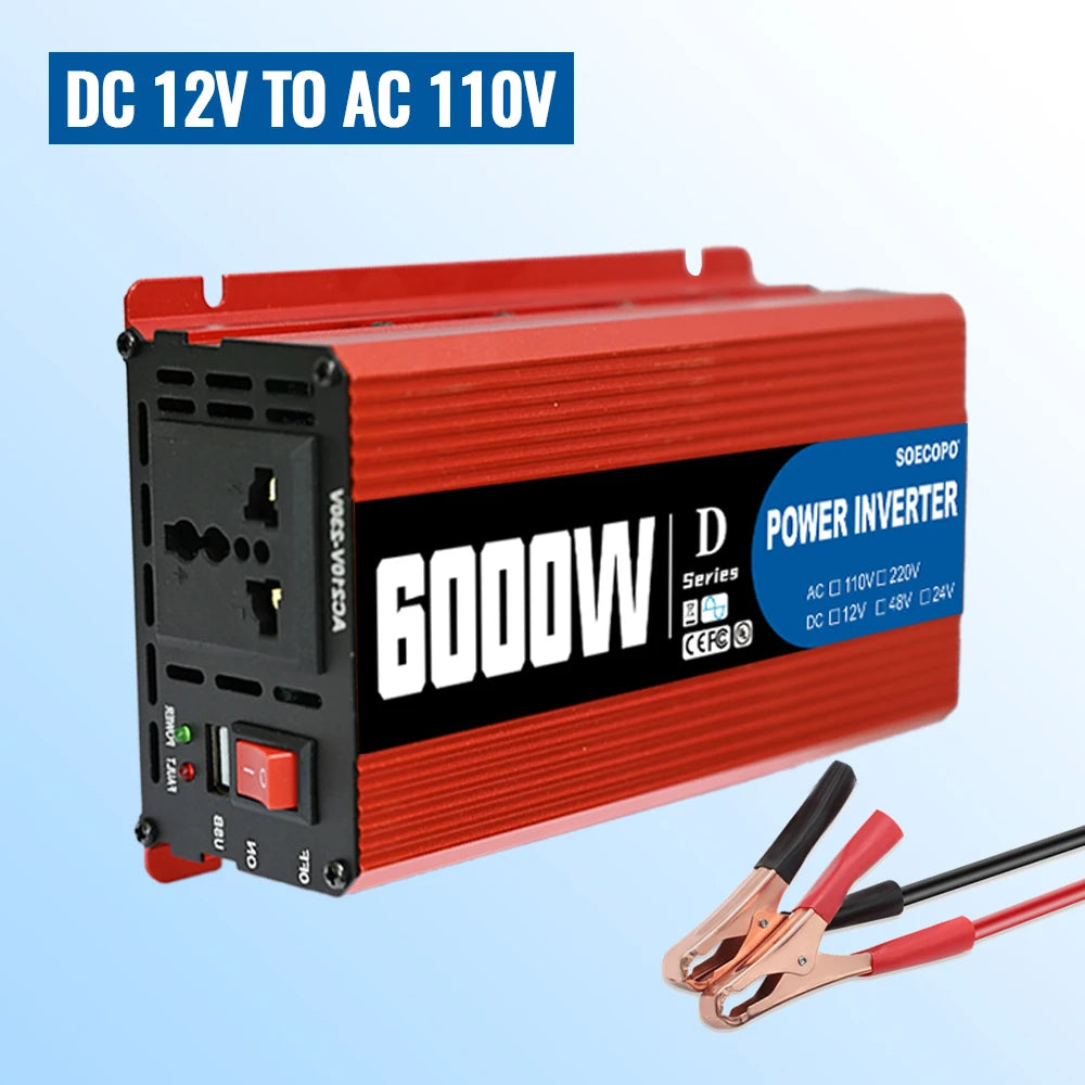 Red 6000W car power inverter with 12V/24V to 110V output, featuring an AC socket, power switch, and connector cables.