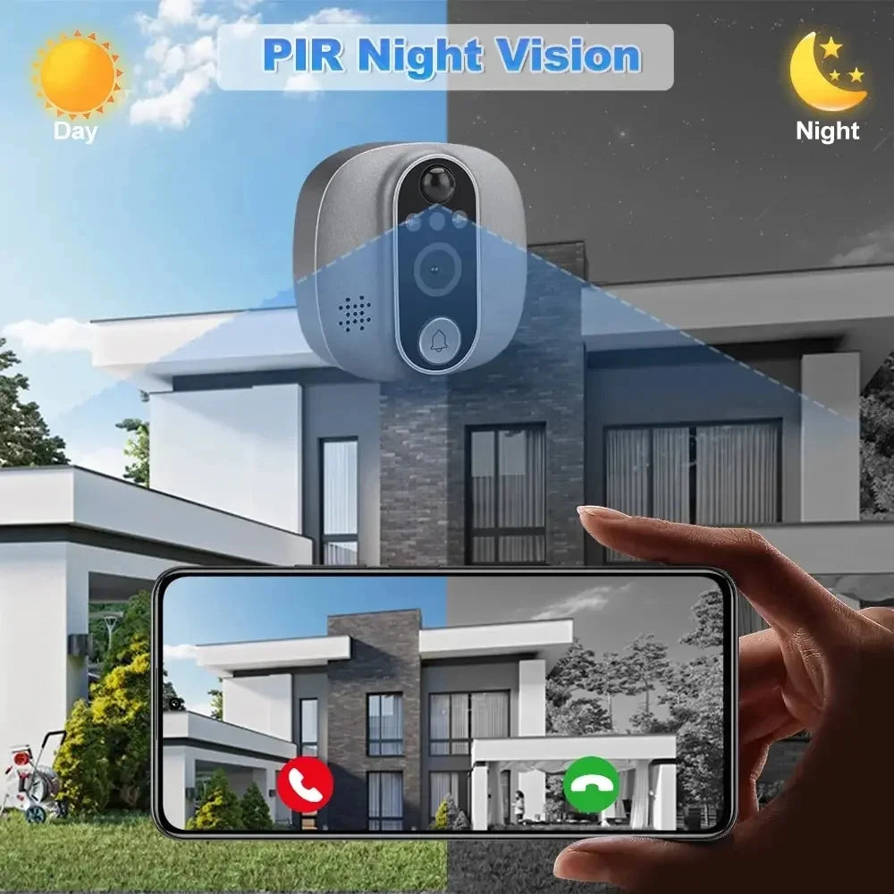 A sleek silver wireless video doorbell showing day and night vision modes on a smartphone screen.