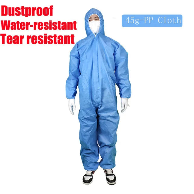Blue 45g polypropylene protective coverall with hood, designed to be dustproof, water-resistant, and tear-resistant.