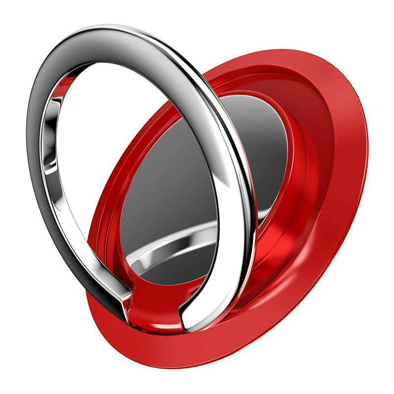 A circular, red phone ring stand with a metallic silver rotating ring, shown on a plain white background.