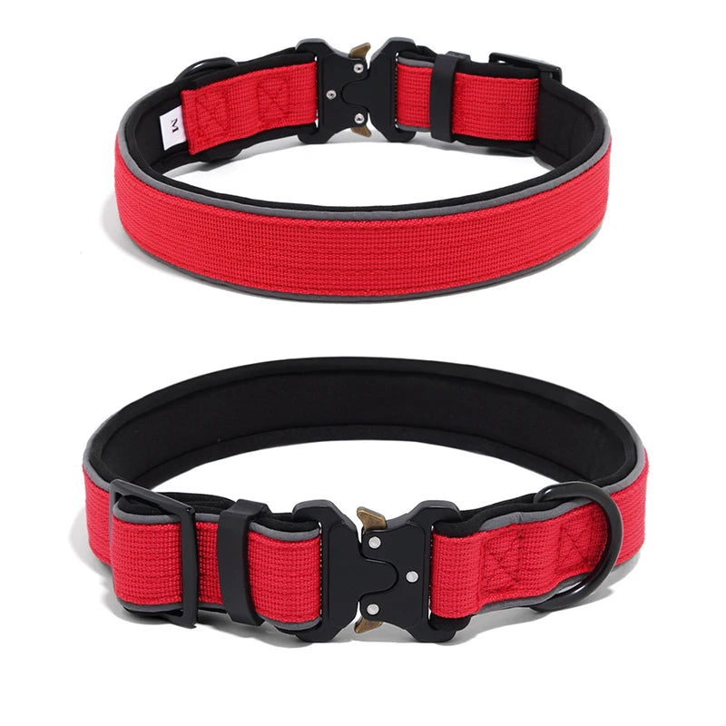 Two views of a heavy-duty red nylon dog collar featuring a black metal buckle and reflective trim.