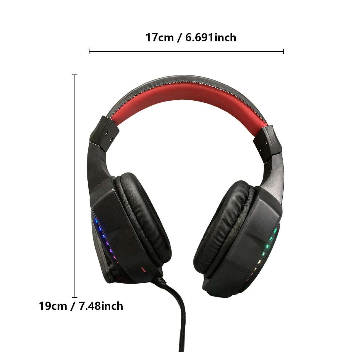 Black wired over-ear gaming headset with red cushioned headband, soft ear pads, and integrated RGB lighting.