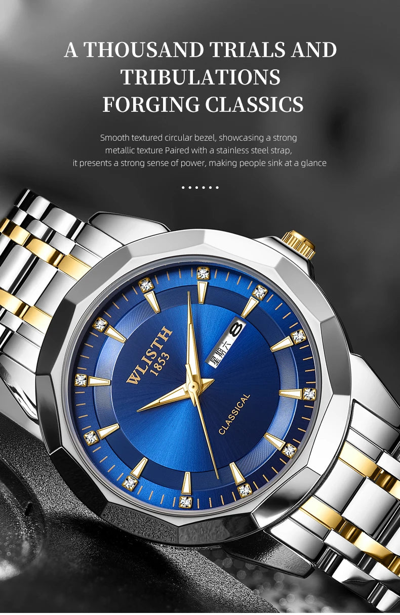 Classic men's business watch with a blue sunray dial, gold hands, stone indices, and a silver and gold metal strap.
