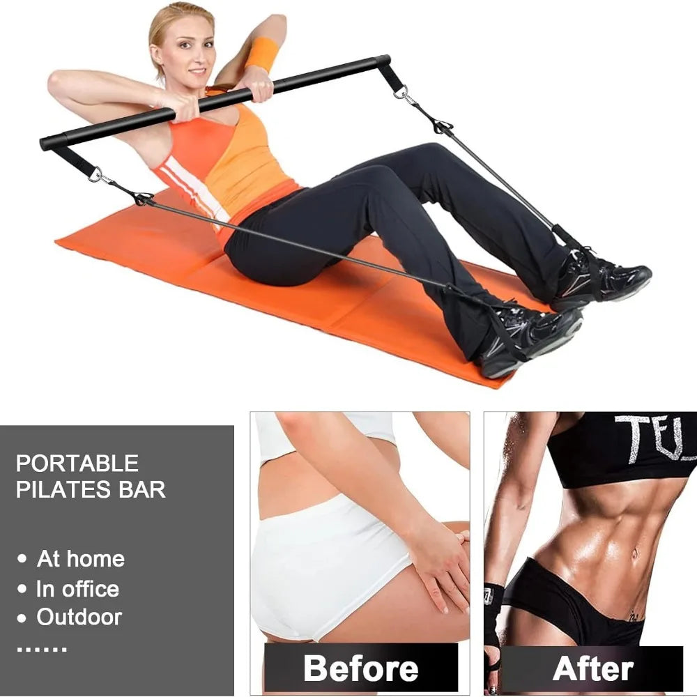 Woman using black resistance band fitness bar on an orange mat, with before and after toning photos.