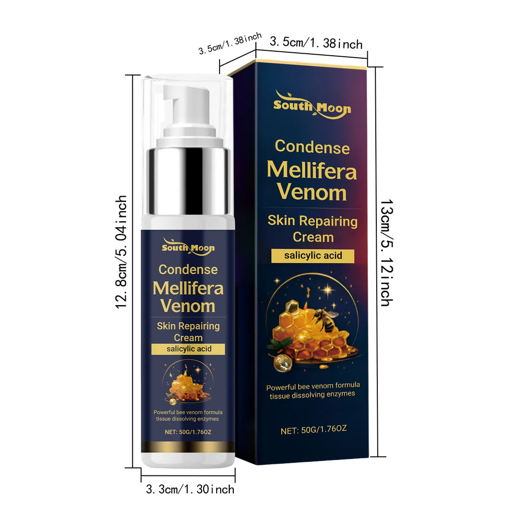 Bee venom skin repairing cream in a 50g pump bottle with its dark blue packaging box, showing dimensions.