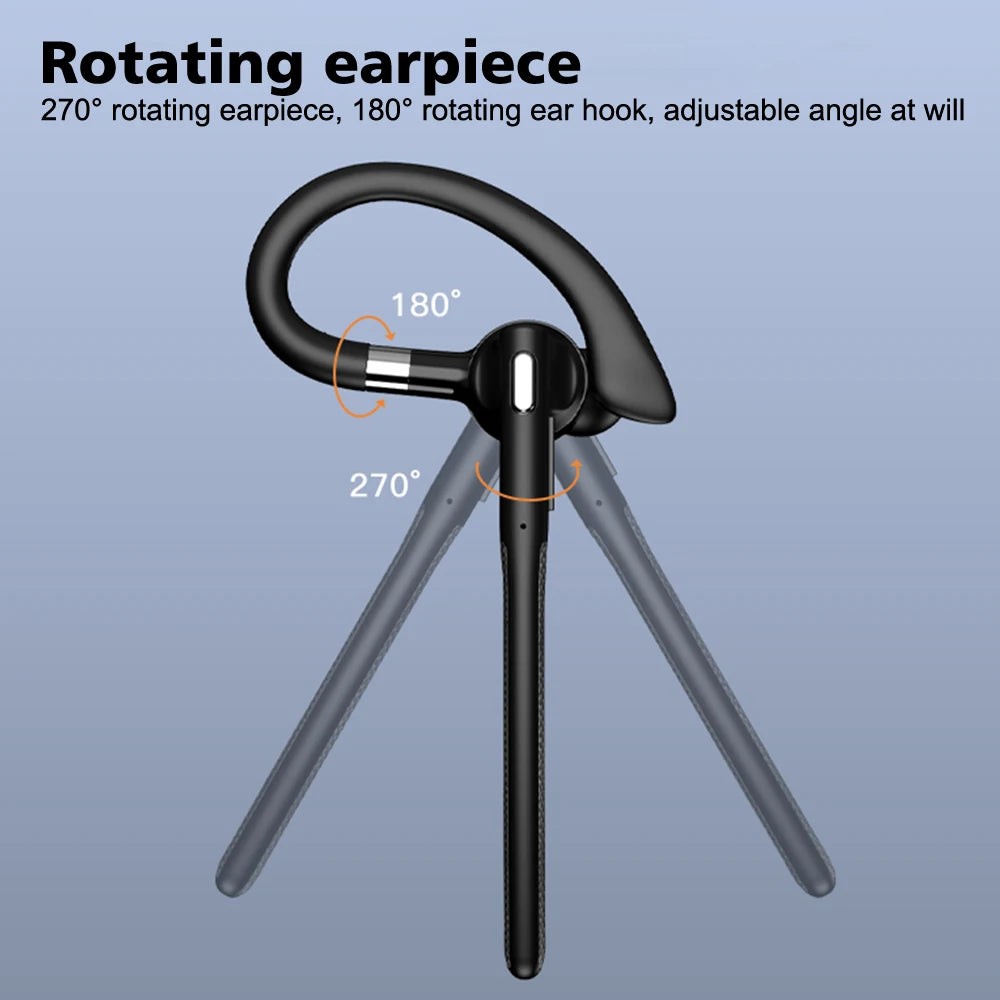 Black wireless Bluetooth headset with an adjustable 270° rotating earpiece and 180° rotating ear hook.