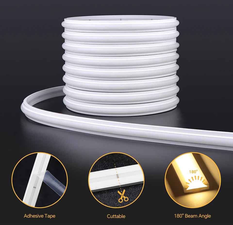 Coiled white LED neon strip light with adhesive backing, cuttable design, and a wide 180° light beam angle.