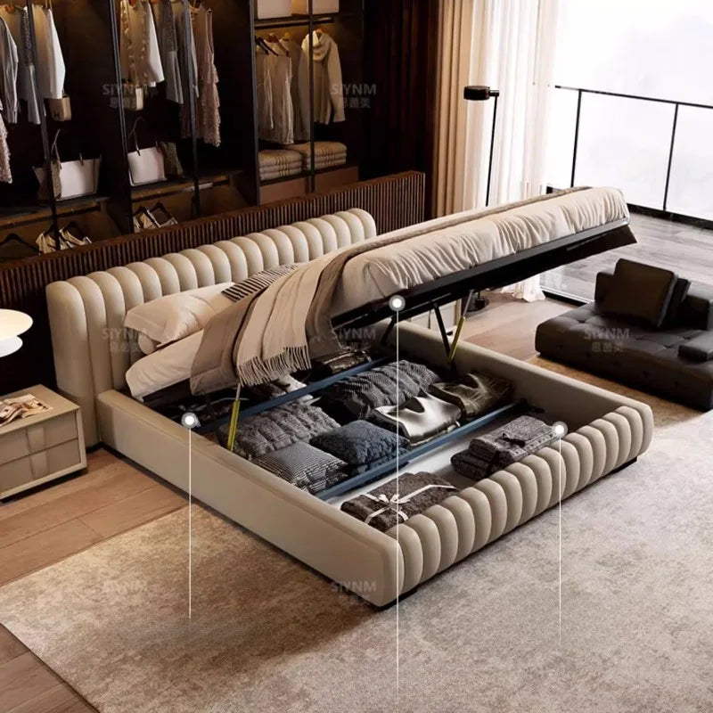 Modern cream storage bed with a ribbed upholstered frame and lift-up base for hidden under-bed organisation.