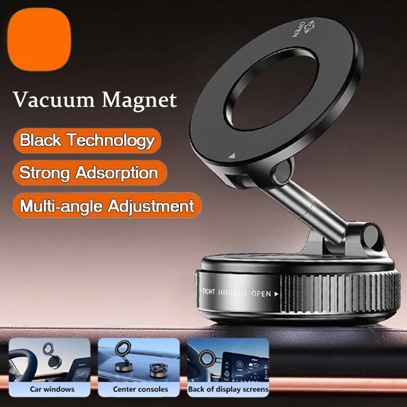 Black circular magnetic car phone mount with an adjustable arm and base for mounting on various surfaces.