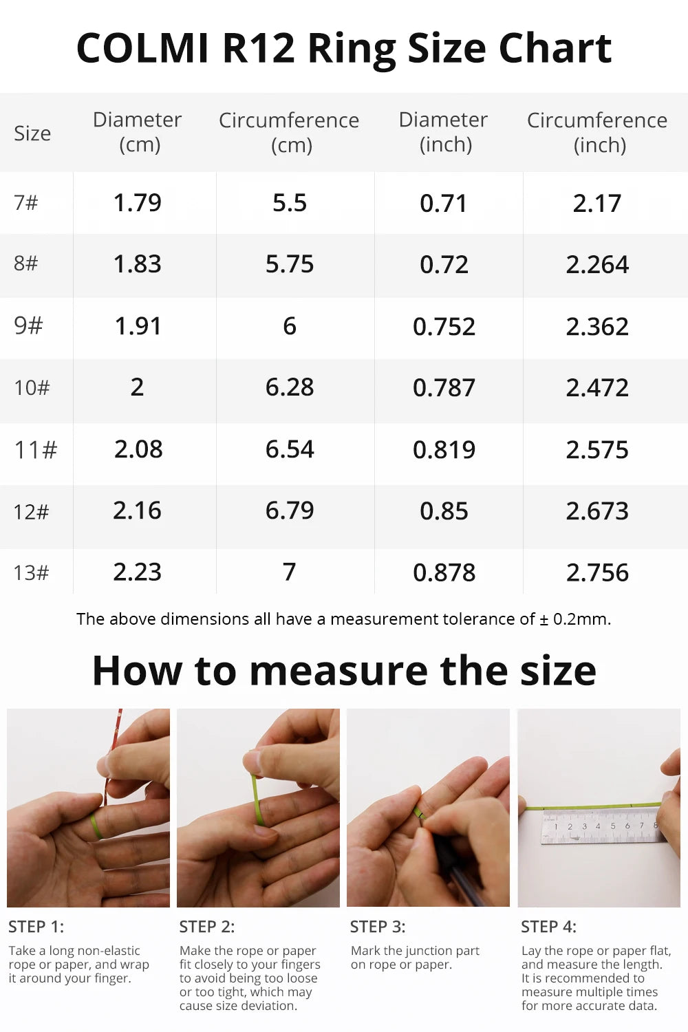 A sizing chart for a smart health ring, showing size conversions in cm and inches, plus a four-step guide to measuring.