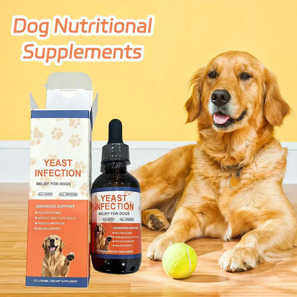 Bottle of dog yeast infection relief drops with dropper, shown next to its packaging and a Golden Retriever.