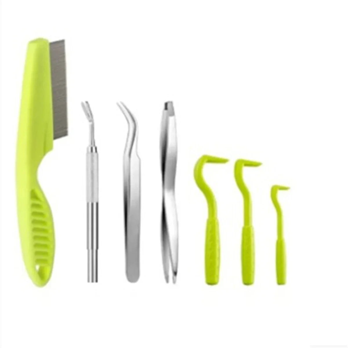 Pet grooming set featuring a lime green flea comb, metal tweezers, and three lime green tick removal hooks.