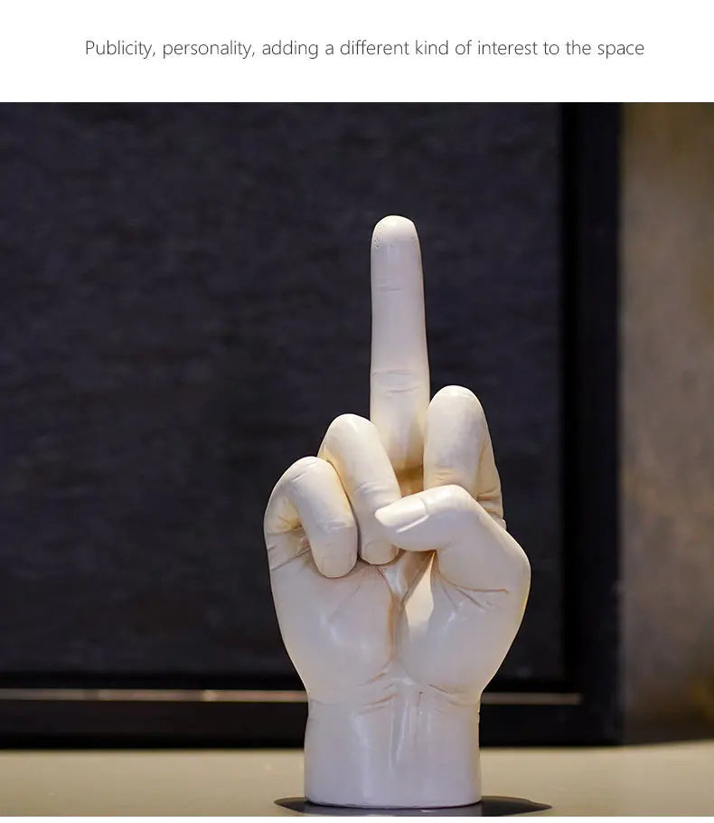 Modern white hand sculpture displaying a middle finger gesture, ideal for adding a bold, quirky touch to home decor.