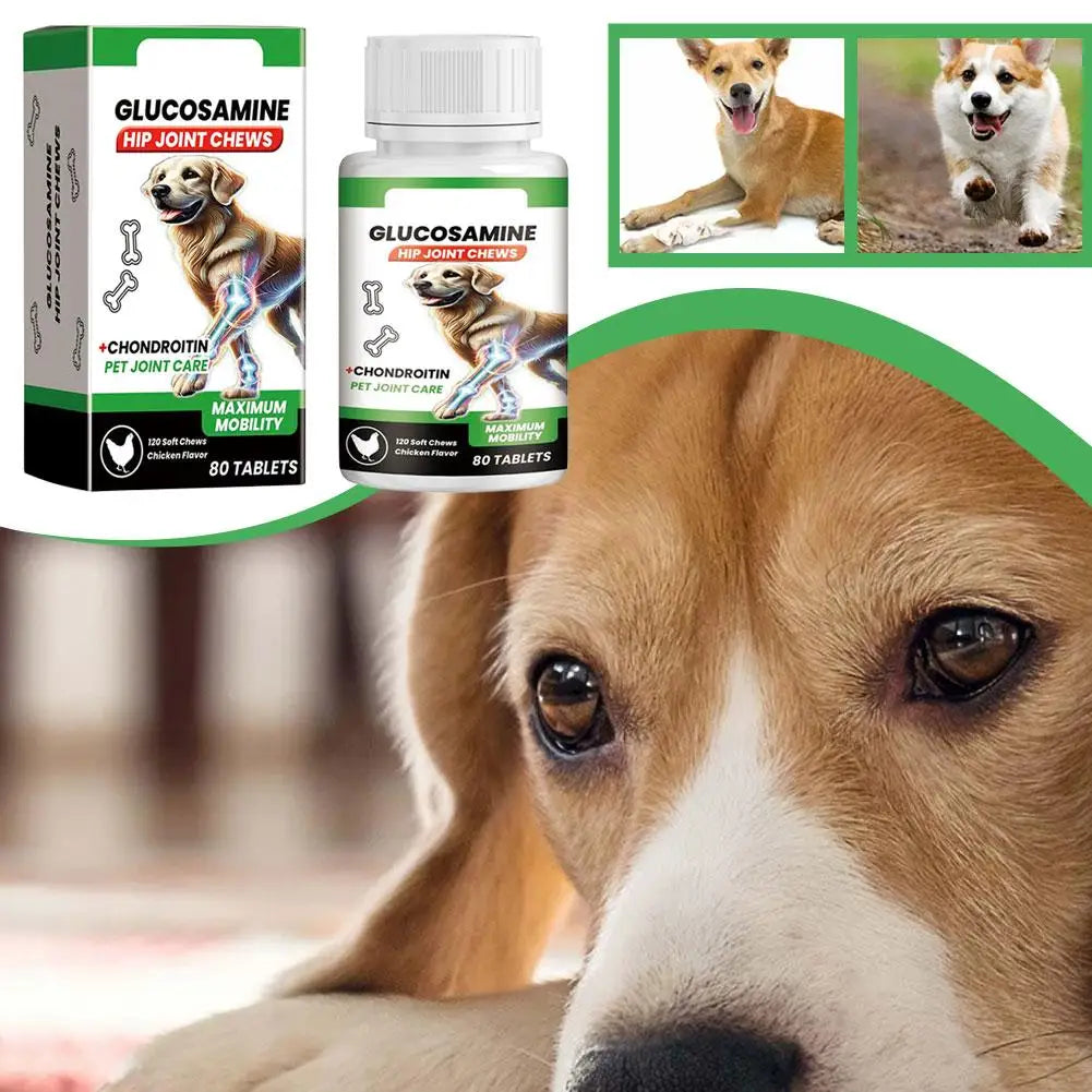 Glucosamine and Chondroitin hip and joint chews for dogs, chicken flavoured, in a white bottle and green box.