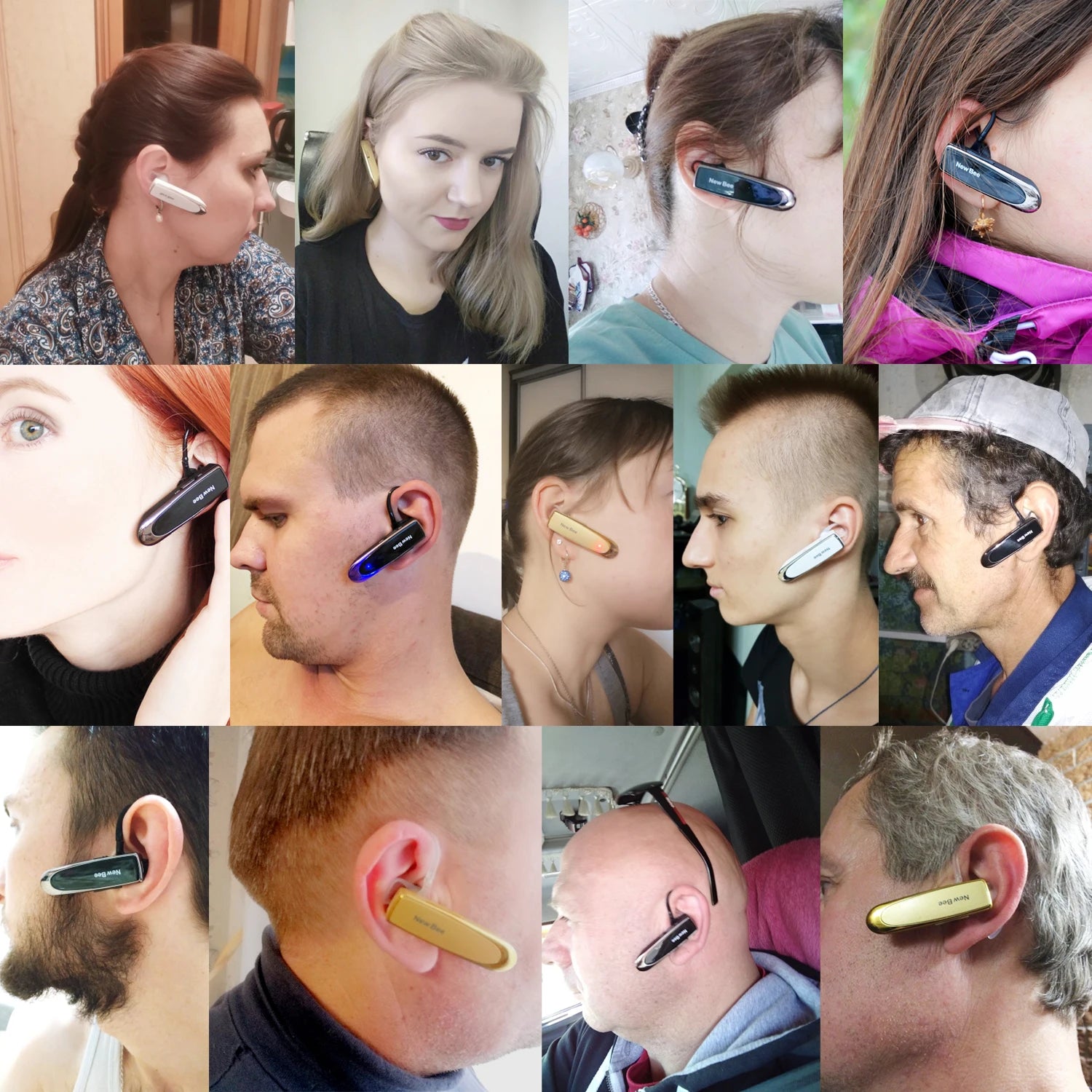 Collage of people wearing sleek, wireless Bluetooth business headsets in black, silver, and gold.