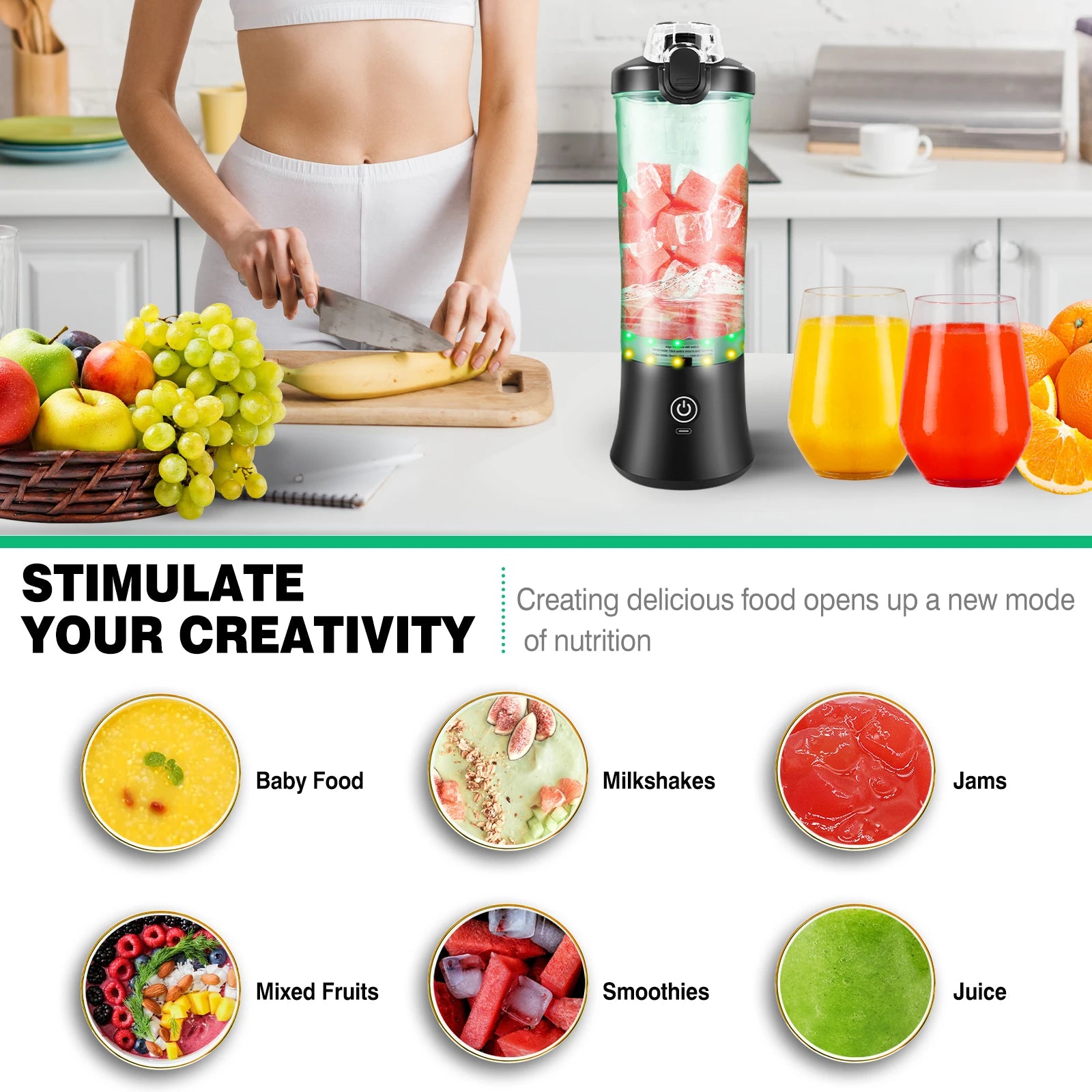 Portable black blender with a clear container on a kitchen counter next to fruits and various prepared food examples.