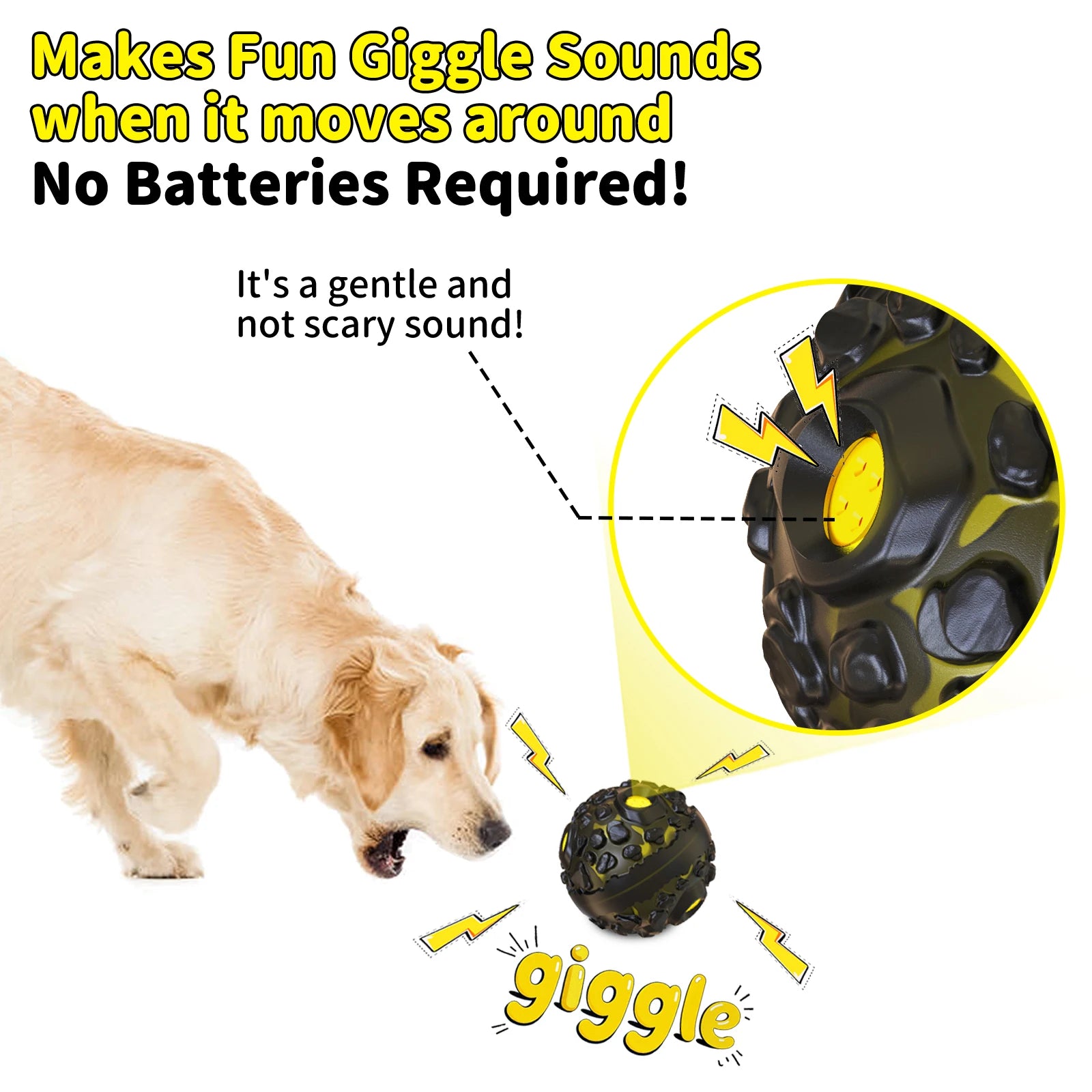 A dog playing with a durable black and yellow textured interactive giggle ball that makes sound without batteries.