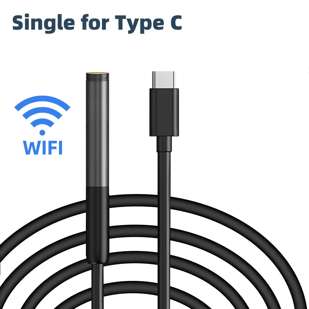 Black industrial inspection camera with a long cable, LED-lit lens, and a USB-C connector for mobile device connection.