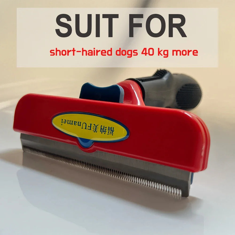 Red and black de-shedding tool for short-haired dogs, featuring a metal blade and comfortable grip handle.