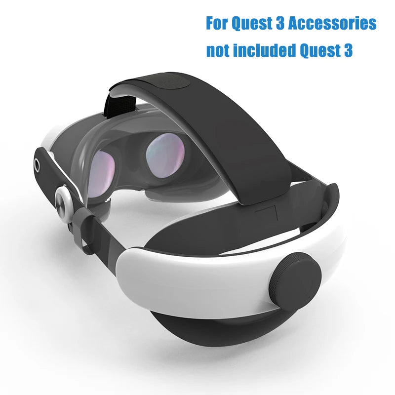 White and black adjustable halo strap for Meta Quest 3, featuring a comfortable padded headband and rear tension dial.
