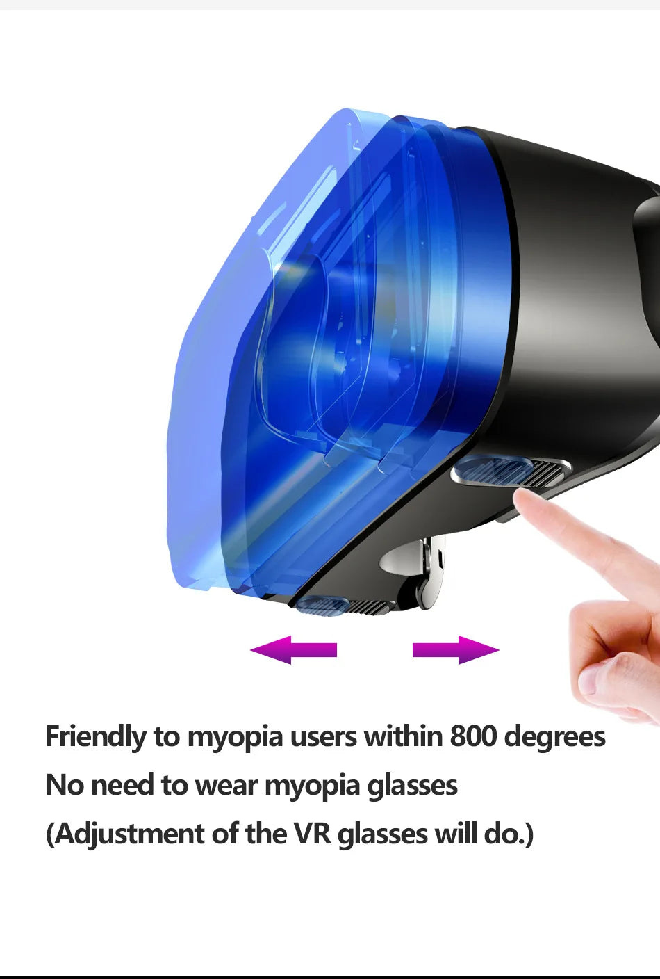 Black and blue VR headset with adjustable lens sliders for myopia, shown with a finger indicating the movement.
