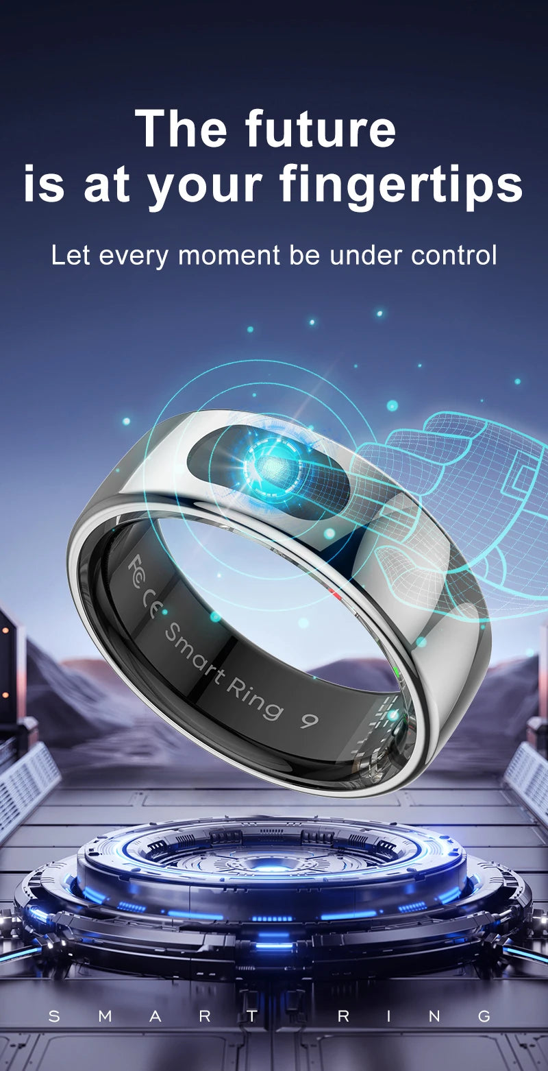 Sleek silver smart health ring with high-tech digital light effects, designed to track sleep and skin temperature.