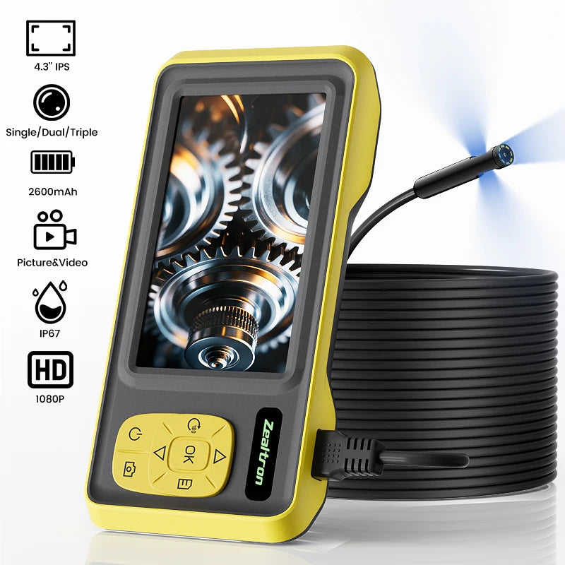 Yellow and black handheld 4.3-inch waterproof endoscope camera with a long flexible cable and HD inspection screen.