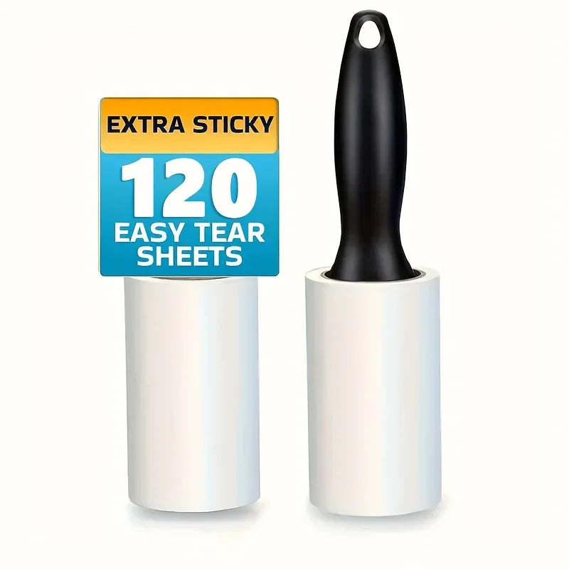 Lint roller with black ergonomic handle and white sticky tape, featuring a sign stating 120 easy-tear sheets.