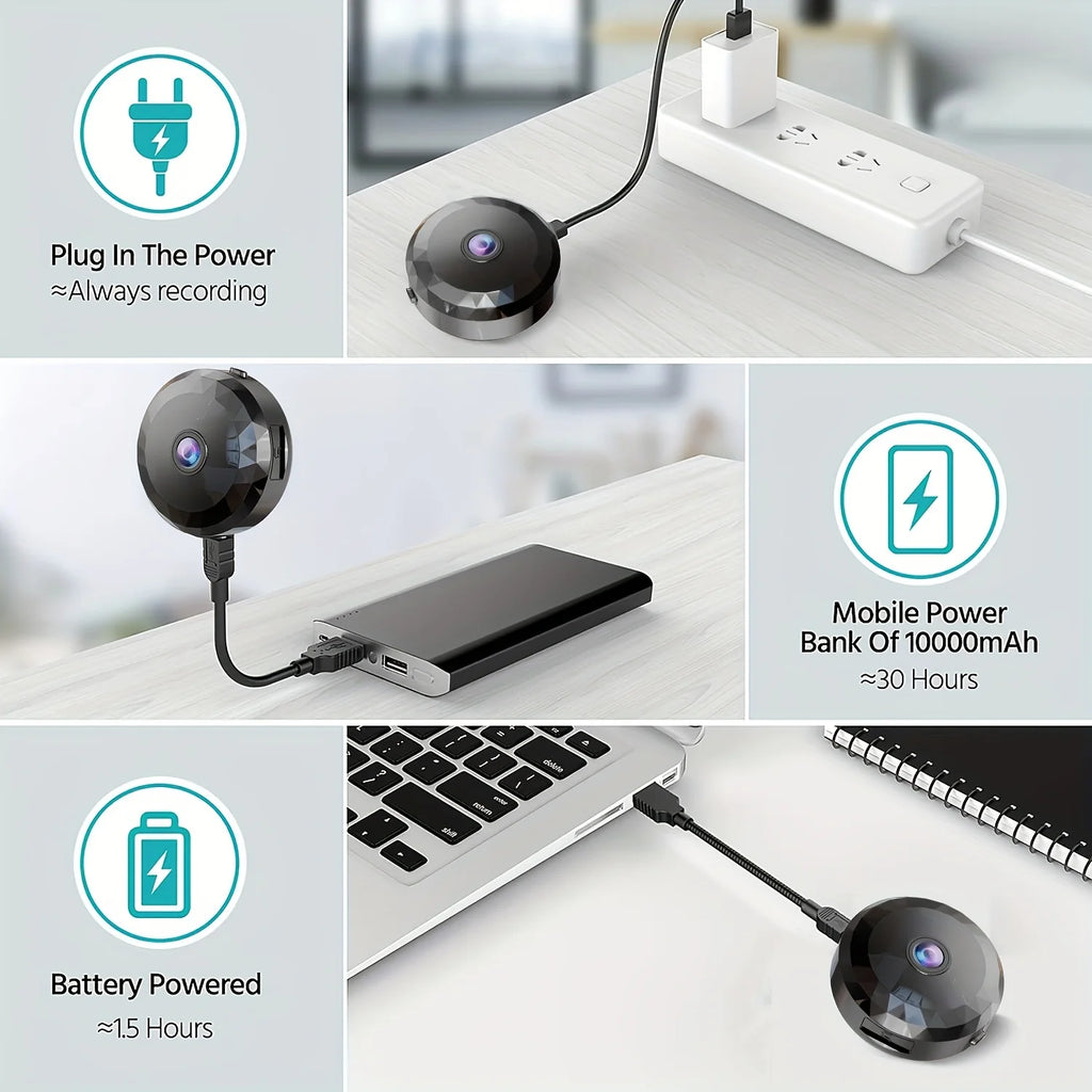Black circular plastic security camera showing power options via wall plug, power bank, or internal battery.