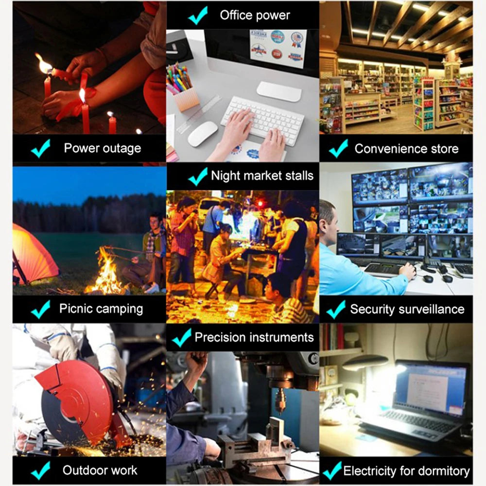 A collage showing various scenarios where a power inverter provides electricity for home, work, camping, and emergencies.