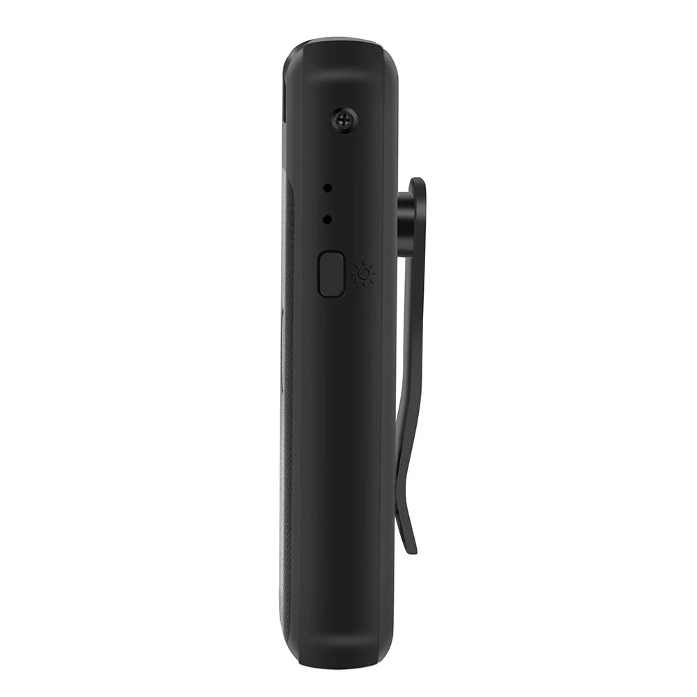 Black matte plastic voice recorder with side-mounted buttons, indicator lights, and a sturdy belt clip.