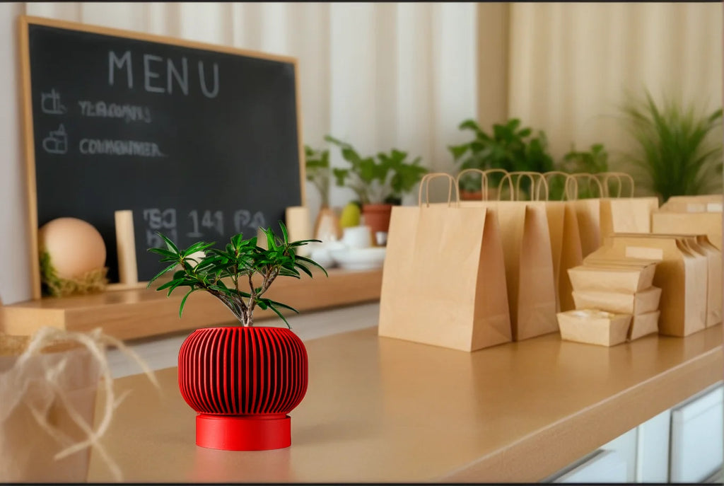 A vibrant red, 3D-printed plant pot with vertical ribbed textures, holding a small green shrub on a café counter.