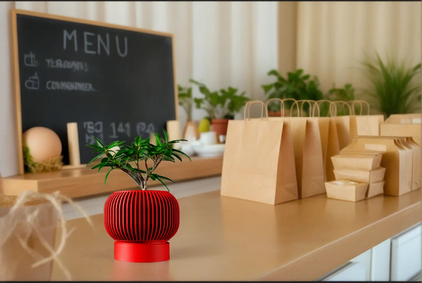 A vibrant red, 3D-printed plant pot with vertical ribbed textures, holding a small green shrub on a café counter.