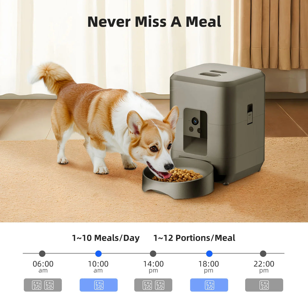 A grey, modern automatic pet feeder with a camera, dispensing kibble into a bowl for a Corgi on a rug.