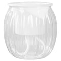 A round, ribbed clear glass self-watering planter with a white inner pot and visible white wick inside.