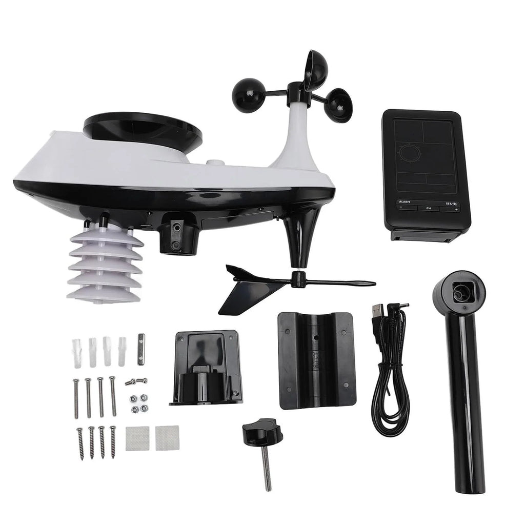 Black and white smart weather station kit with sensors, mounting brackets, cables, and hardware for installation.