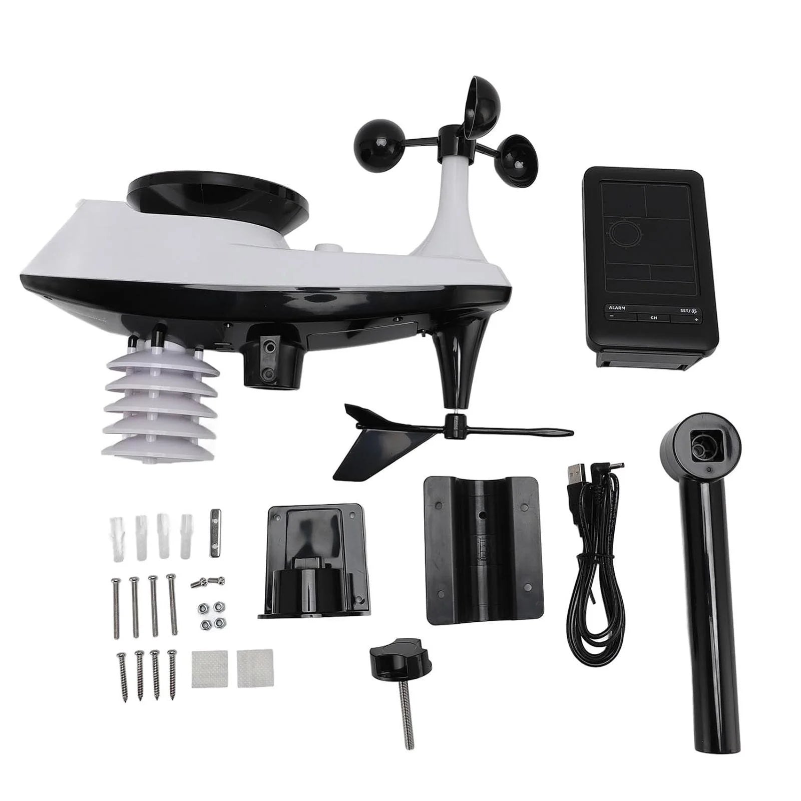 Black and white smart weather station kit with sensors, mounting brackets, cables, and hardware for installation.